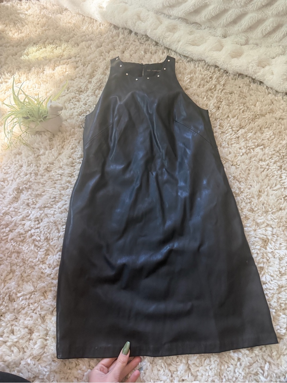 Zara super cute women’s Black Faux Leather Midi Dress with Stud Accents